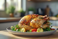 Whole roasted chicken with golden crispy skin served on plate with fresh vegetables and herbs in modern kitchen setting, ready for meal preparation and dining.