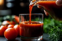 Fresh tomato juice being poured from glass bottle into tumbler with ripe tomatoes and herbs on dark kitchen counter for healthy breakfast drink.