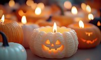 Glowing pumpkin-shaped candles with carved faces create magical Halloween atmosphere, white and orange decorative candles with warm illumination in dark setting.