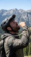 Adult male cyclist with dark beard and facial hair, Caucasian ethnicity, wearing black bicycle helmet and gray jacket, drinking water from bottle during mountain biking break with alpine peaks in background.