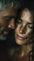 Intimate close-up portrait of mature bearded man and young woman with wet hair sharing tender moment, eyes closed in emotional connection for romance concepts.
