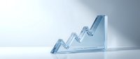 Transparent blue glass arrow pointing upward showing growth trend, isolated on white background for business and financial design projects.
