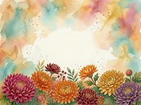 Watercolor autumn chrysanthemum flowers frame with colorful splashes and copy space for text on white background.