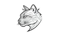 Wild cat head profile with open mouth showing fangs in black line art style on white background isolated for logo design and tattoo artwork.