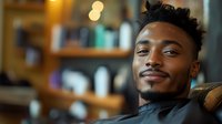 Young African American man with beard relaxing in modern barbershop chair, professional grooming service, male lifestyle and self-care concept.