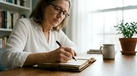 Middle-aged woman with glasses wearing white shirt writing in notebook at wooden desk with potted plant and bookshelf, suitable for education, business, and lifestyle content.