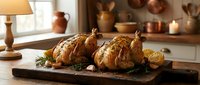 Two golden roasted chickens with herbs on wooden cutting board in rustic kitchen setting with warm lighting and copper cookware background.