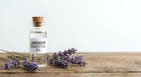 Small glass bottle with cork stopper containing lavender essential oil placed on rustic wooden surface alongside fresh purple lavender sprigs.