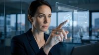 Professional businesswoman interacting with futuristic holographic interface displaying data analytics in modern office environment for technology presentations.