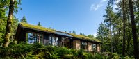Modern eco-friendly house with living green roof nestled in lush forest setting. Sustainable architecture blends with natural woodland environment.