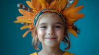 Young girl wearing orange feather headdress smiling warmly against turquoise background. Natural lighting creates soft portrait mood highlighting childhood joy and innocence.