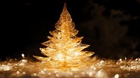 Glowing crystal Christmas tree illuminated from within on dark background with scattered bokeh lights creating magical holiday atmosphere.