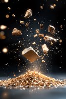 Exploding golden chunks and particles floating in dark space above glittering pile, dramatic lighting creates magical atmosphere for luxury advertising concept.
