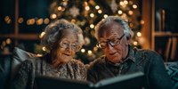 Senior couple reading book together on couch with Christmas tree lights glowing in background, creating warm holiday atmosphere.