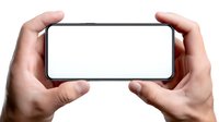 Hands holding smartphone with blank white screen in horizontal position for mobile app mockup and digital content presentation.