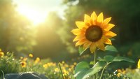 Vibrant sunflower in morning sunlight against blurred green background, golden sun rays create dreamy atmosphere in summer garden field, close up nature photography.