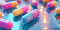 Colorful pharmaceutical capsules with glowing sparkles on reflective surface in vibrant pink, orange and blue tones create dreamy medical composition.