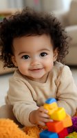 Smiling toddler with curly hair wearing beige sweater playing with colorful building blocks. Candid childhood moment showing early development and learning through play.