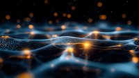 Glowing digital landscape with wireframe terrain and floating light particles against dark background creates futuristic technology visualization effect.