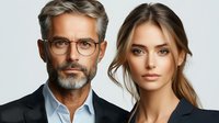Professional mature businessman with gray hair and beard wearing glasses next to young female executive in business attire against white background, studio portrait.