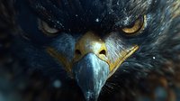 Dramatic close-up of eagle face with piercing amber eyes and sharp curved beak against dark background, showing power and intensity in wildlife photography.
