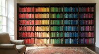 Rainbow colored books arranged by hue on wooden bookshelf in cozy reading room with leather chair and natural window light for home library design.