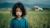 Young Asian girl with tousled hair in blue denim shirt standing in rural rice field with traditional house in background during golden hour countryside setting.