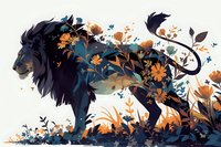 Majestic black lion silhouette adorned with vibrant orange and blue floral elements, perfect for nature-inspired design projects and artistic illustrations.