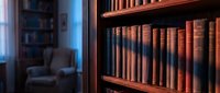 Wooden bookshelf with vintage leather-bound books in warm library setting. Classic literature collection for academic research, legal office decor.