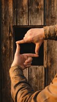 Hands forming frame gesture against rustic wooden background for creative vision and photography composition concepts in natural lighting.