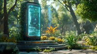 Mystical glowing cyan monolith with digital patterns stands in enchanted forest surrounded by lush vegetation, sunbeams filtering through trees creating magical atmosphere.