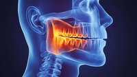 X-ray visualization of jaw with highlighted tooth pain area in orange against blue anatomical profile, showing dental structure for medical education.
