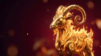 Golden ornate ram sculpture with intricate decorative patterns and swirls on dark burgundy background with warm bokeh lights for luxury design projects.