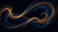 Abstract golden infinity symbol with flowing energy waves against dark cosmic background with sparkling stars for digital art and spiritual concepts.