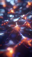 Glowing neural network with orange and blue light effects showing synaptic connections and electrical impulses in brain cells, macro view for medical visualization.