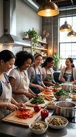 Diverse group of women enjoying cooking class together in modern industrial kitchen preparing fresh vegetables and healthy meals.