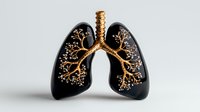 Anatomical model of human lungs with golden bronchial tree structure against light background, showing detailed respiratory system branching pattern.