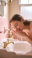 Young woman with wet dark hair and fair complexion washing her face at bathroom sink with running water, gold faucet fixtures, natural window light, skincare and hygiene routine.