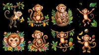 Cute cartoon monkey clipart set isolated on transparent background, ready for t-shirt design, stickers, print on demand, sublimation, and kids crafts.