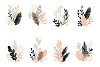 Minimalist floral compositions in black, beige and blush pink tones featuring abstract leaves and botanical elements arranged in decorative clusters on white background.