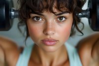 Close up portrait of young athletic woman with natural makeup, curly dark hair and determined expression during workout at gym. Fitness and healthy lifestyle concept.