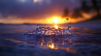 Water splash at sunset creating crown-like formation with golden sunlight reflecting on droplets against dramatic purple sky and ocean background.