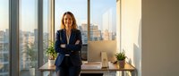 Confident businesswoman with crossed arms standing in modern office with city view through large windows during golden hour lighting.