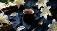 Dark coffee cup surrounded by white lily flowers on blue textured surface with vintage spoon and wooden elements for morning beverage and floral decoration.