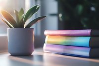 Pastel rainbow books stacked beside gray ceramic pot with succulent plant on wooden desk, soft morning sunlight creating cozy home study atmosphere.