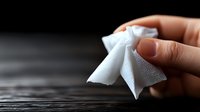 White foam sponge shaped like origami flower held by female hand against dark wooden surface, demonstrating cleaning and household concept.