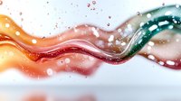 Abstract flowing liquid waves in vibrant orange red and teal colors with bubbles and droplets creating dynamic motion for modern design backgrounds.