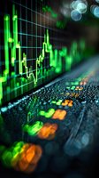 Stock market data visualization with glowing green candlestick charts and orange indicators reflected on wet surface, showing financial analytics.