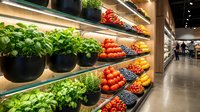 Fresh organic vegetables and fruits displayed on modern grocery store shelves with LED lighting. Healthy food shopping concept for supermarket retail business.