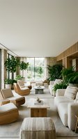 Modern minimalist living room interior with natural wood furniture, neutral beige seating, and lush green plants creating serene contemporary home atmosphere.